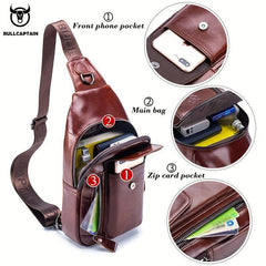 Captain Men's Leather Retro Breast Bag Large Capacity Functional Messenger Bag
