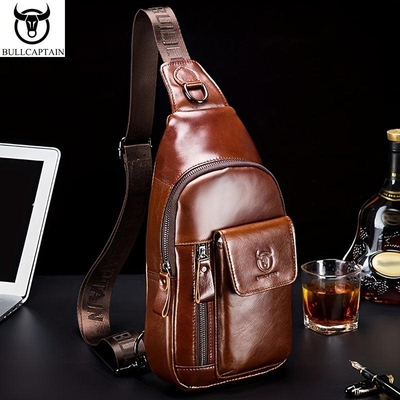 Captain Men's Leather Retro Breast Bag Large Capacity Functional Messenger Bag