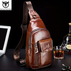 Captain Men's Leather Retro Breast Bag Large Capacity Functional Messenger Bag