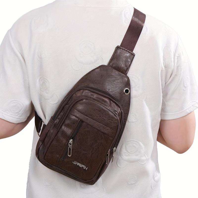 Men's Leather Crossbody Bag with Earphone Hole Double Layer Messenger Bag