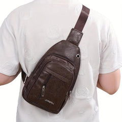Men's Leather Crossbody Bag with Earphone Hole Double Layer Messenger Bag