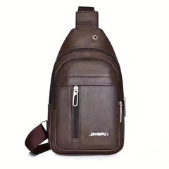 Men's Leather Crossbody Bag with Earphone Hole Double Layer Messenger Bag