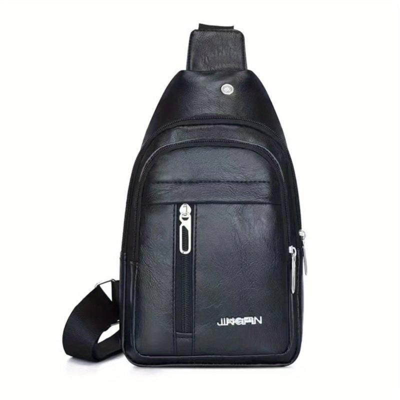Men's Leather Crossbody Bag with Earphone Hole Double Layer Messenger Bag