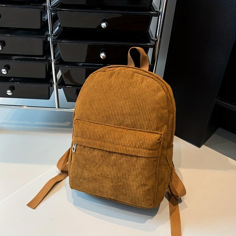Minimalist Corduroy Zipper Backpack Solid Storage Bag