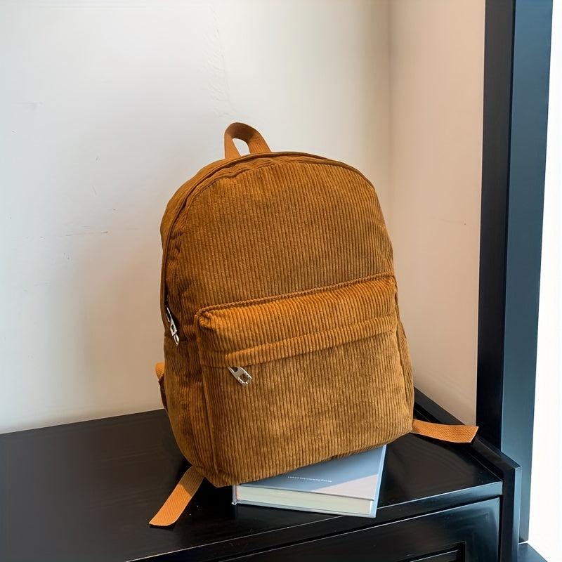 Minimalist Corduroy Zipper Backpack Solid Storage Bag
