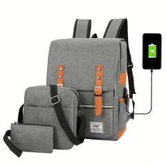 3Pcs Flap Backpack Set Nylon Laptop Bag with Crossbody Bag & Clutch Purse
