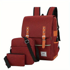 3Pcs Flap Backpack Set Nylon Laptop Bag with Crossbody Bag & Clutch Purse
