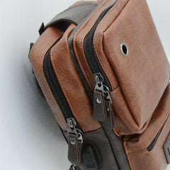 Men's Lightweight Brown PU Chest Bag with USB Port