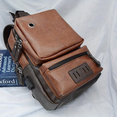 Men's Lightweight Brown PU Chest Bag with USB Port