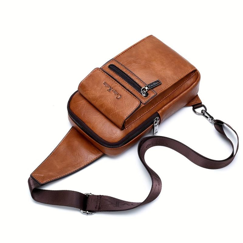 Men's Casual PU Leather Chest Bags Large Crossbody Bag