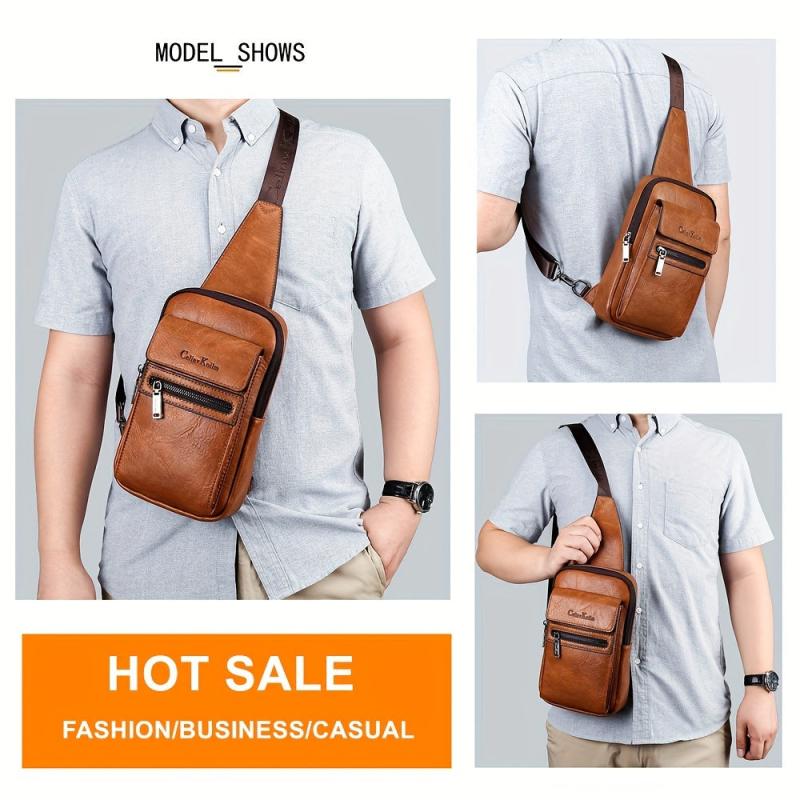 Men's Casual PU Leather Chest Bags Large Crossbody Bag