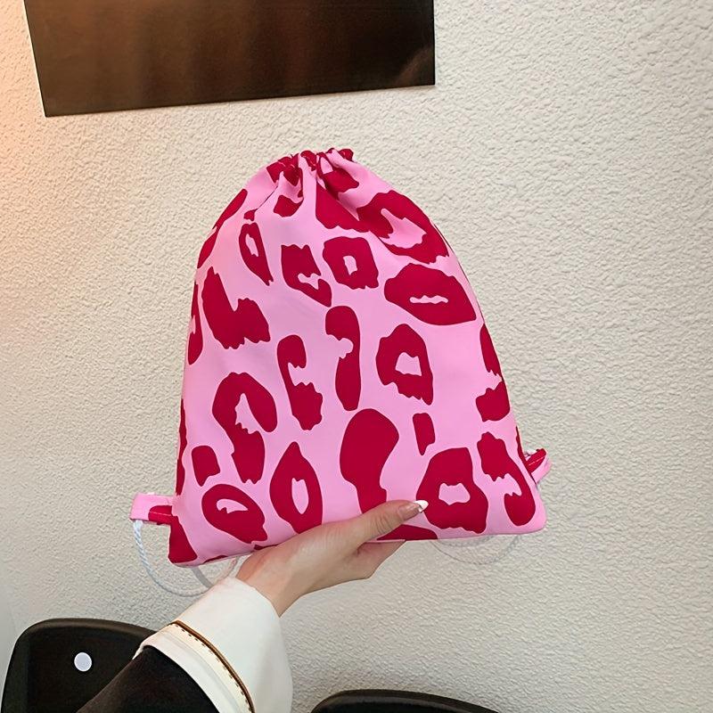 Pink Leopard Pattern Drawstring Backpack Lightweight Daypack