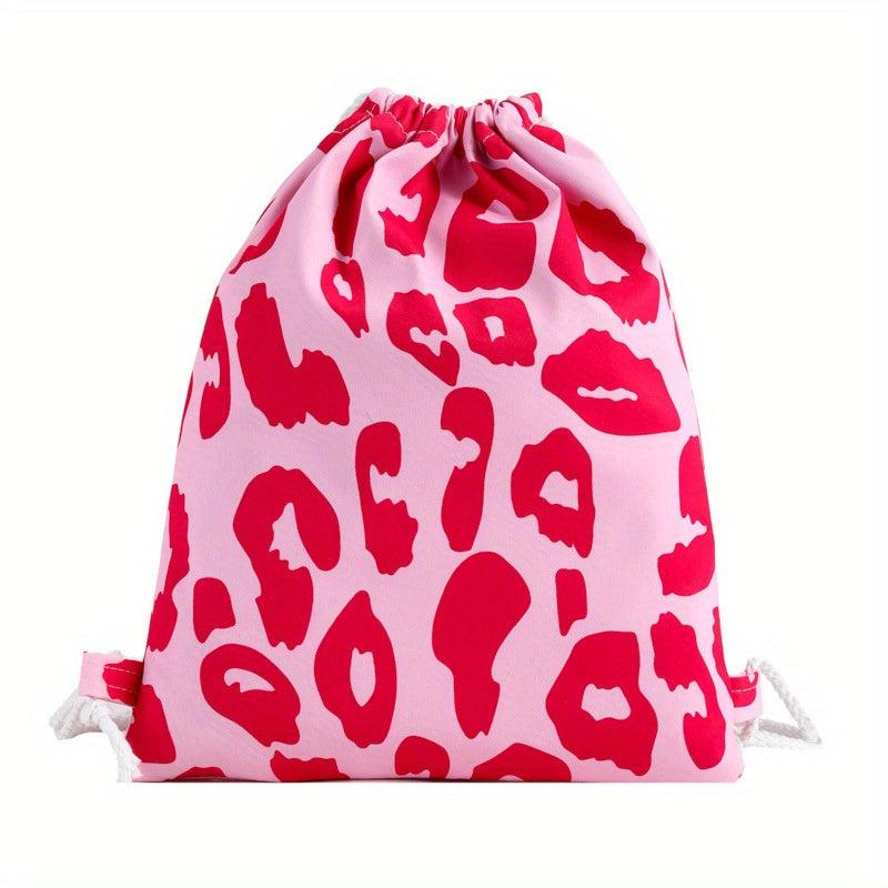 Pink Leopard Pattern Drawstring Backpack Lightweight Daypack