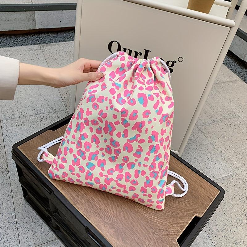 Pink Leopard Pattern Drawstring Backpack Lightweight Daypack