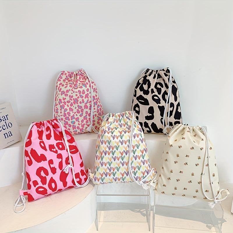 Pink Leopard Pattern Drawstring Backpack Lightweight Daypack