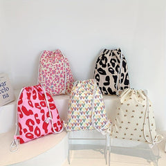 Pink Leopard Pattern Drawstring Backpack Lightweight Daypack