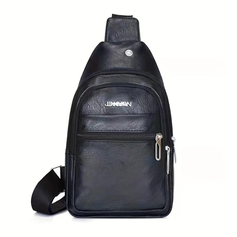 Men's Leather Crossbody Bag Multifunctional Shoulder Bag with Earphone Hole