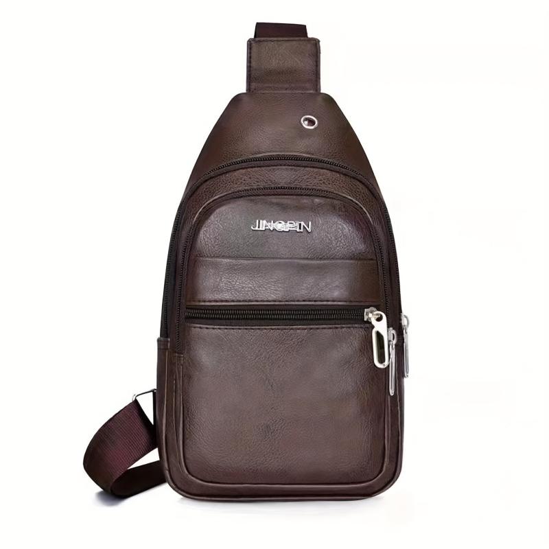 Men's Leather Crossbody Bag Multifunctional Shoulder Bag with Earphone Hole