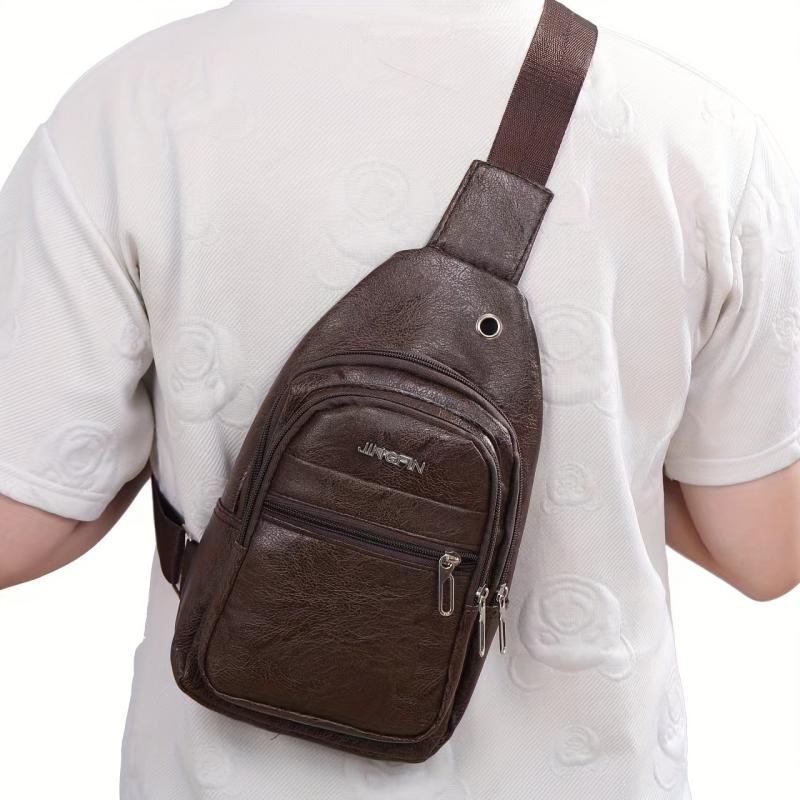 Men's Leather Crossbody Bag Multifunctional Shoulder Bag with Earphone Hole