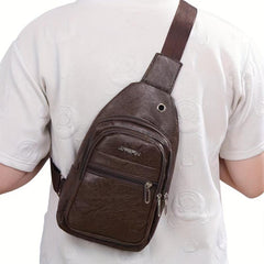Men's Leather Crossbody Bag Multifunctional Shoulder Bag with Earphone Hole
