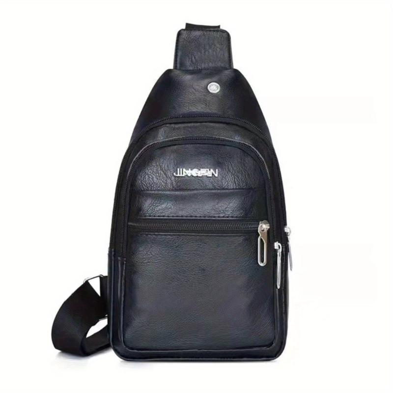 Men's Leather Crossbody Bag Multifunctional Shoulder Bag with Earphone Hole