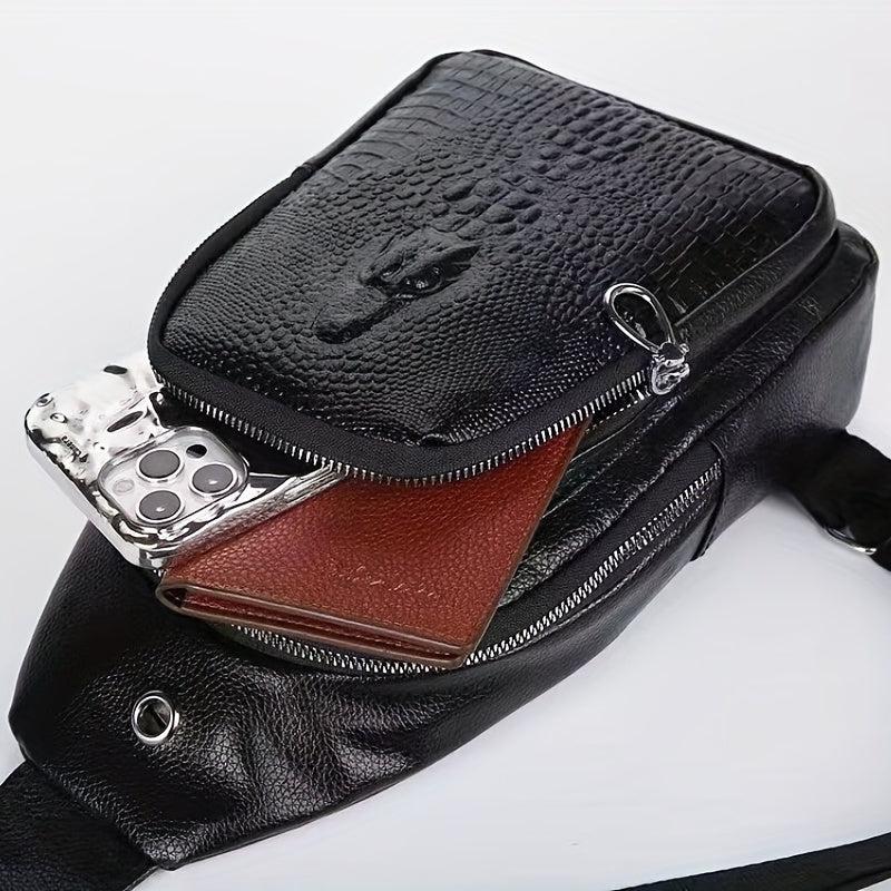 Men's Crocodile Pattern Leather Crossbody Bag with Earphone Hole