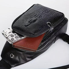 Men's Crocodile Pattern Leather Crossbody Bag with Earphone Hole
