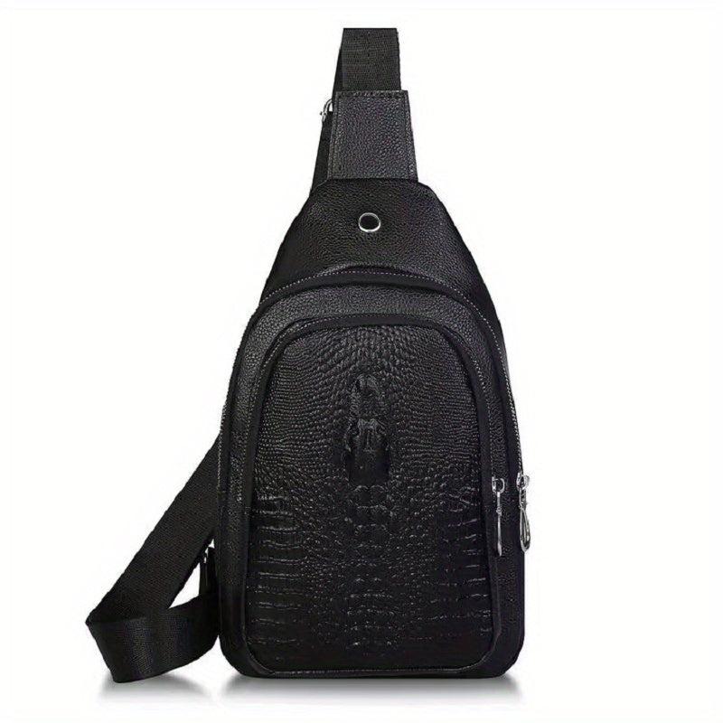 Men's Crocodile Pattern Leather Crossbody Bag with Earphone Hole