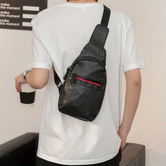 Men's Leather Crossbody Bag Chest Bag with Earphone Hole