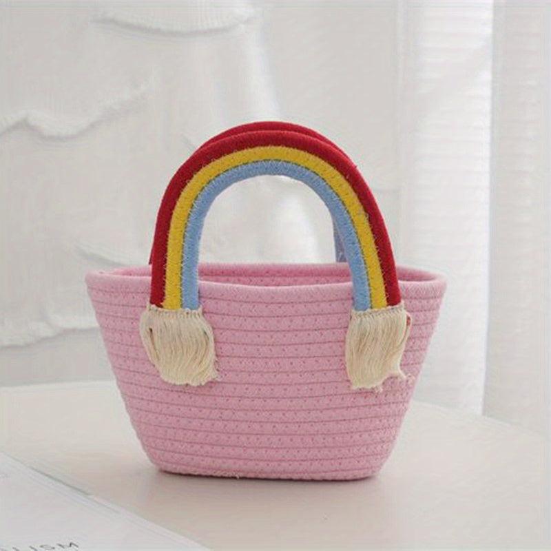 Rainbow Tote Beach Travel Bag Woven Picnic Basket