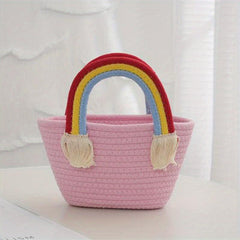 Rainbow Tote Beach Travel Bag Woven Picnic Basket