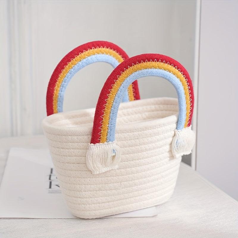 Rainbow Tote Beach Travel Bag Woven Picnic Basket