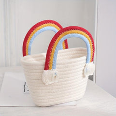 Rainbow Tote Beach Travel Bag Woven Picnic Basket