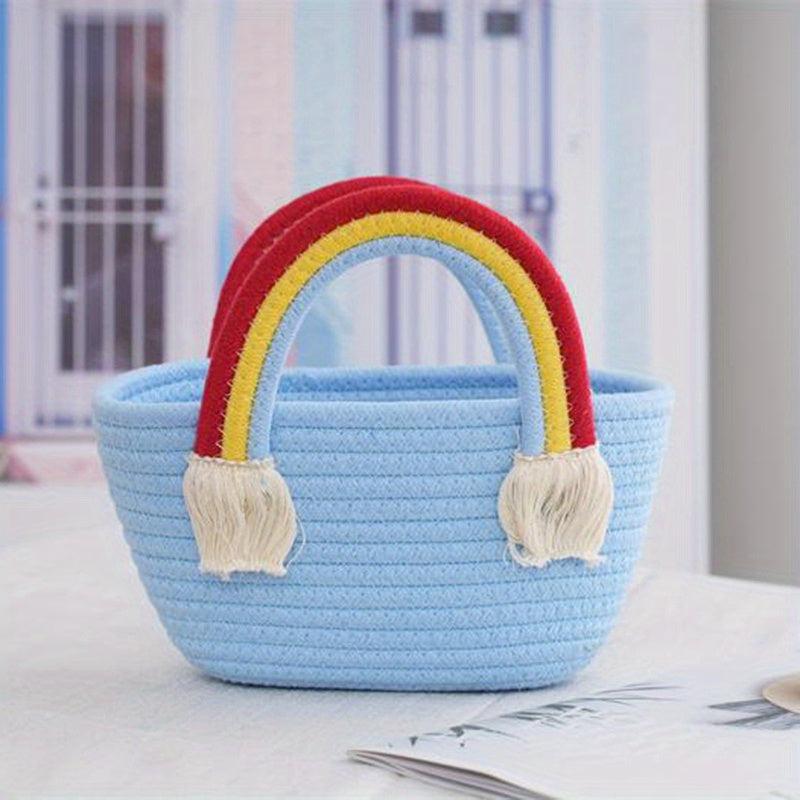 Rainbow Tote Beach Travel Bag Woven Picnic Basket