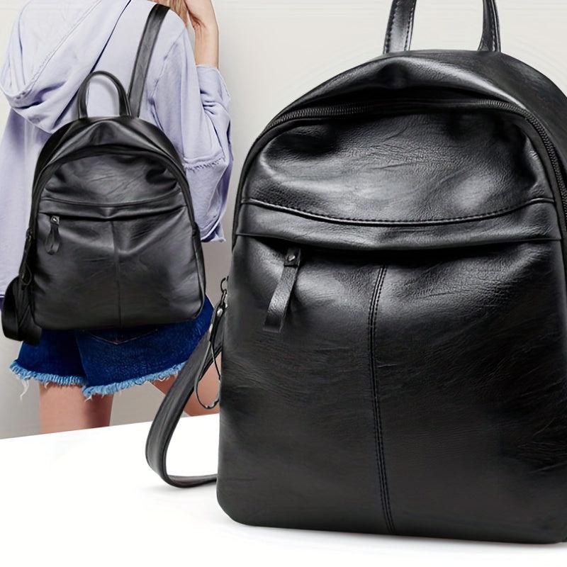 Minimalist PU Leather Backpack Small Solid Daypack Women's Travel Bookbag