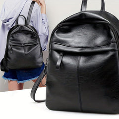 Minimalist PU Leather Backpack Small Solid Daypack Women's Travel Bookbag