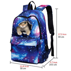 Starry Cat Print Backpack Preppy Style Student Bookbag