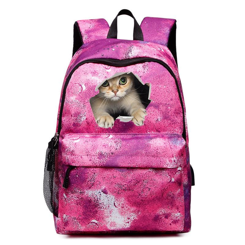 Starry Cat Print Backpack Preppy Style Student Bookbag