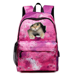 Starry Cat Print Backpack Preppy Style Student Bookbag