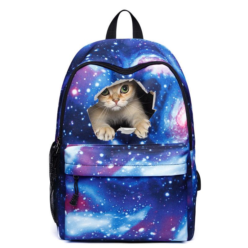 Starry Cat Print Backpack Preppy Style Student Bookbag