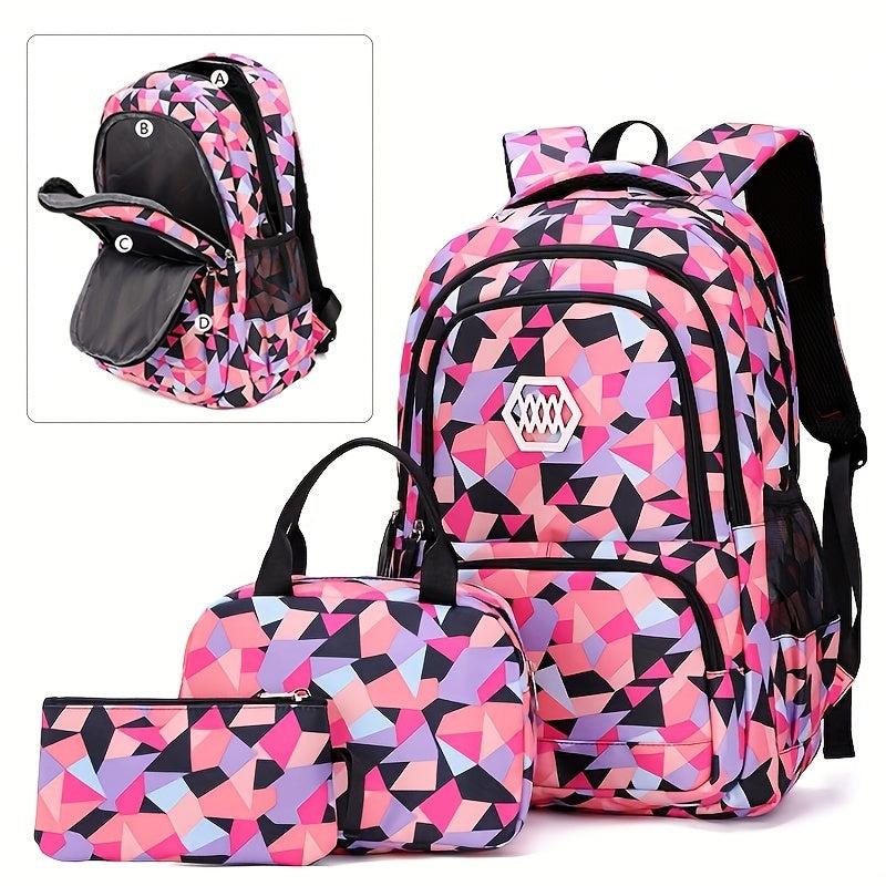 Geometric Pattern Backpack Set with Lunch Bag & Pencil Case