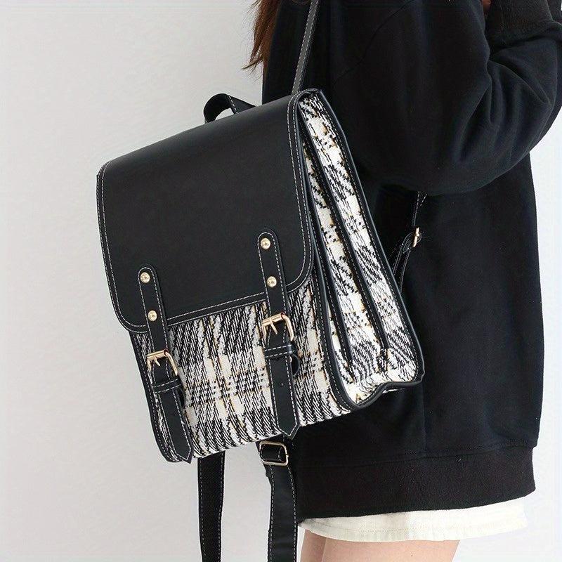 Plaid Pattern Backpack Colorblock School Daypack