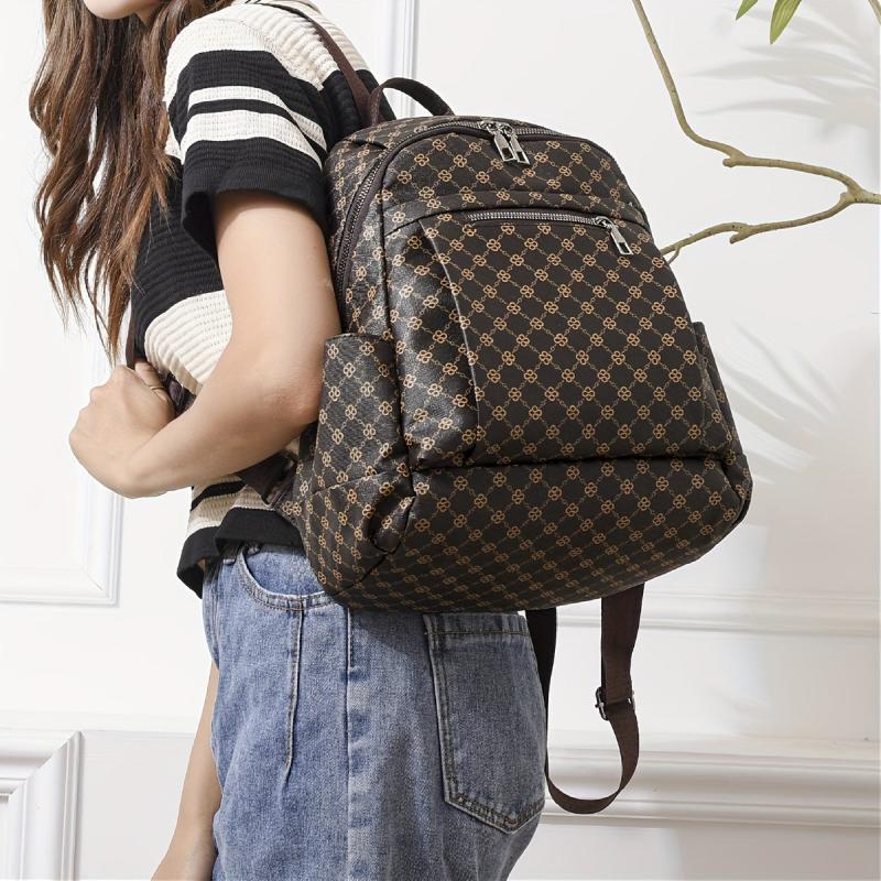 Vintage Geometric Print Backpack PU Leather Daypack Versatile Travel School Bag