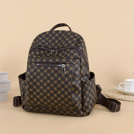 Vintage Geometric Print Backpack PU Leather Daypack Versatile Travel School Bag