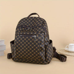 Vintage Geometric Print Backpack PU Leather Daypack Versatile Travel School Bag