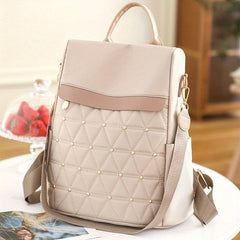 Argyle Quilted Backpack Purse Studded Decor Travel School Bag