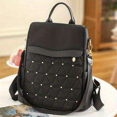 Argyle Quilted Backpack Purse Studded Decor Travel School Bag