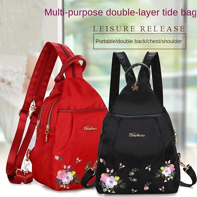 Floral Embroidery Backpack Large Capacity Travel Crossbody Bag