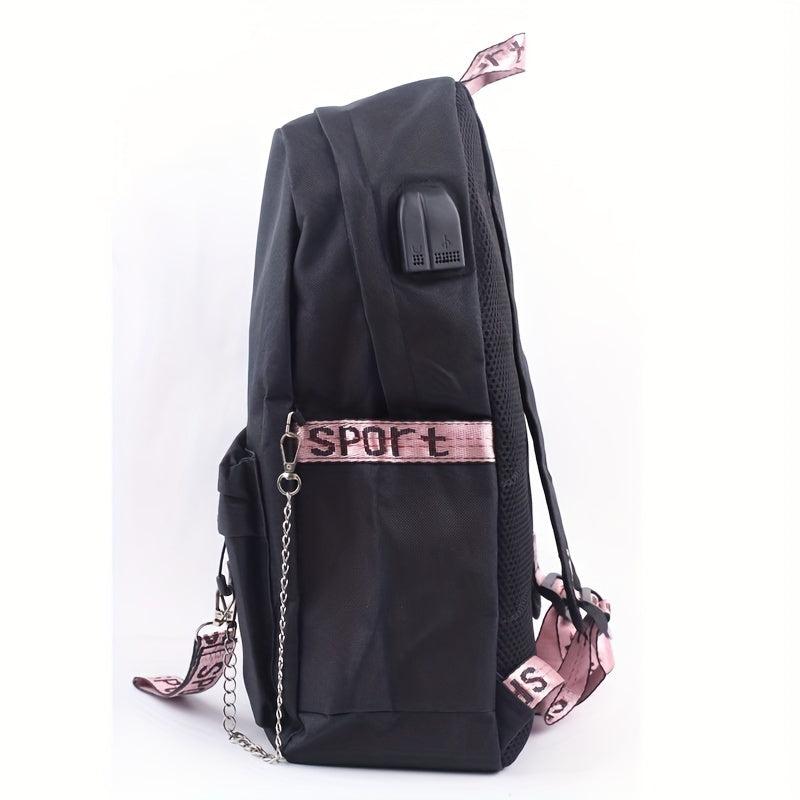 Kpop Canvas Backpack Casual Floral Print School Bag Chain Decor