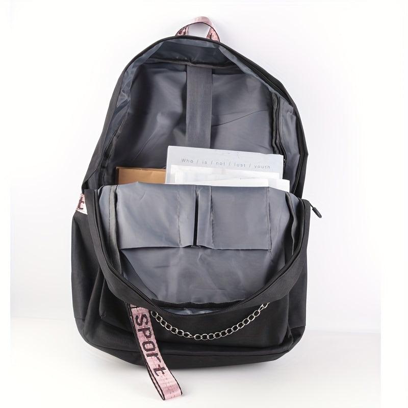Kpop Canvas Backpack Casual Floral Print School Bag Chain Decor